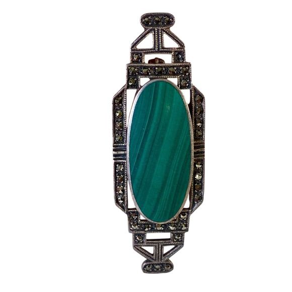 Vintage Sterling Silver Malachite Brooch Pin Green Gemstone Ornate Detail - Picture 1 of 4